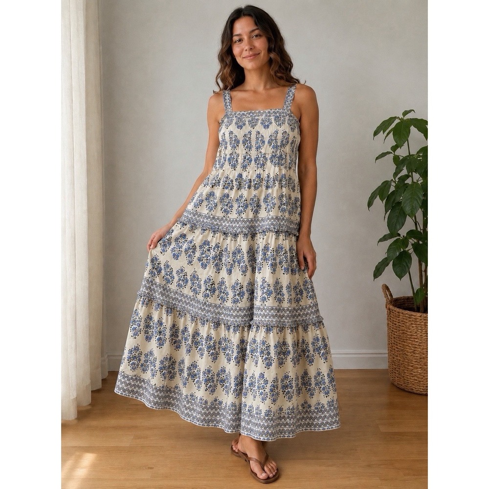 Lèa Women's Sz M Blue Floral Cotton Linen Boho Maxi Dress Cottagecore Resort
